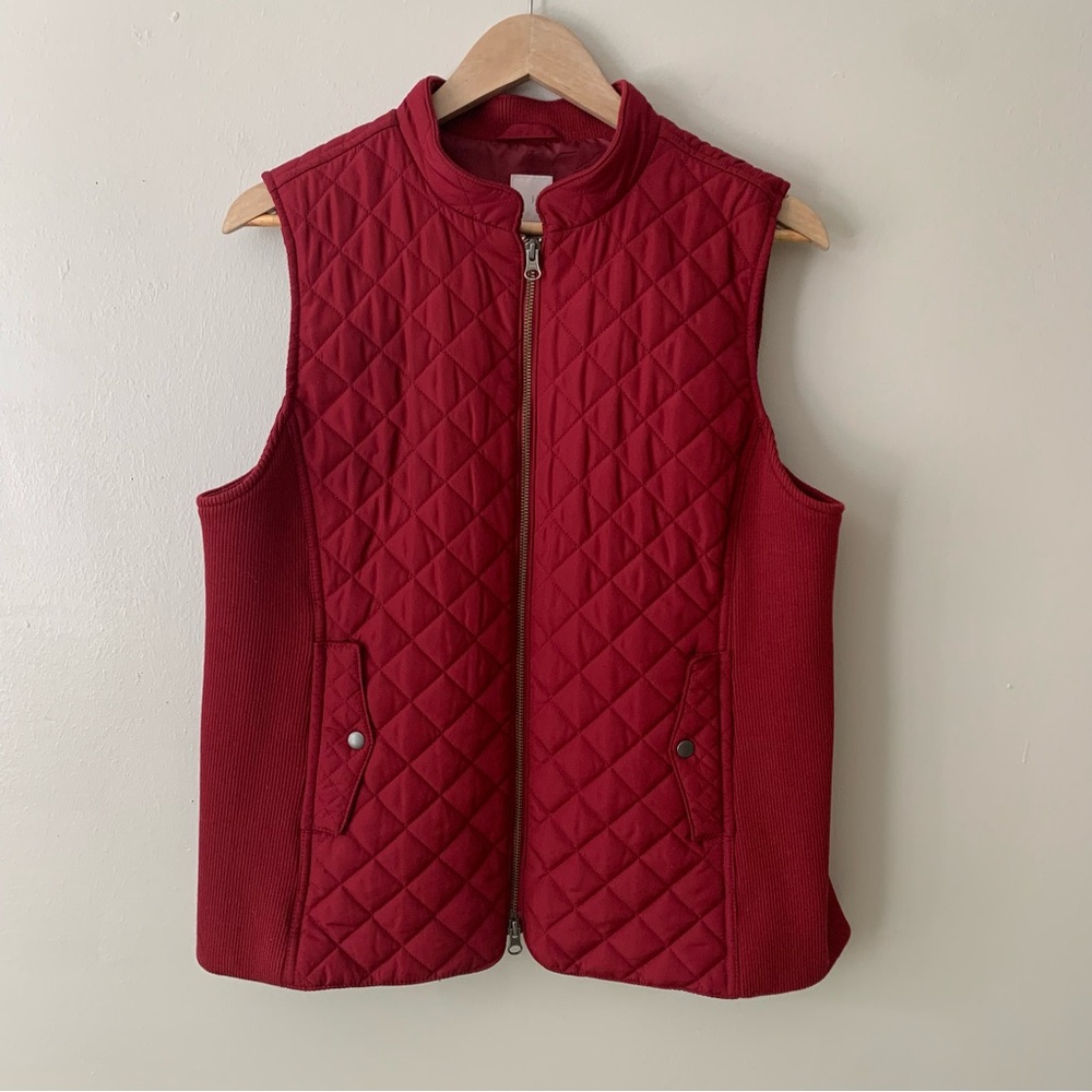 J. Jill Heritage Quilted Full Zip Up Puffer Vest Red Stretch Size Large Petite